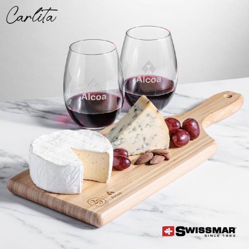 Swissmar® Bamboo Board & 2 Stemless Wine Glasses