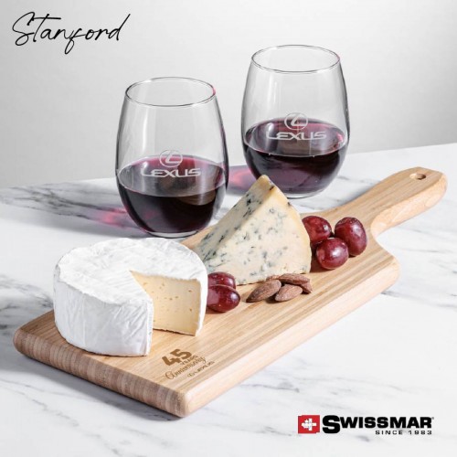 Swissmar® Bamboo Board & 2 Stemless Wine Glasses