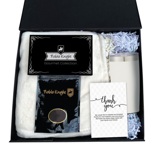Cozy Comfort Coffee Gift Set – Custom Logo Tumbler, Chenille Blanket & Treats