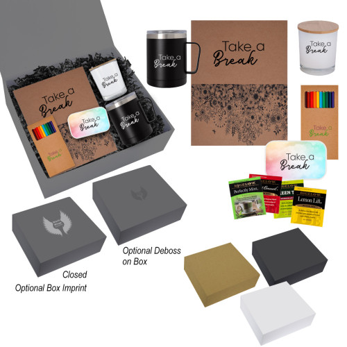 Self Care Tea Gift Set – Custom Logo Mug, Candle, Coloring Book & Tea