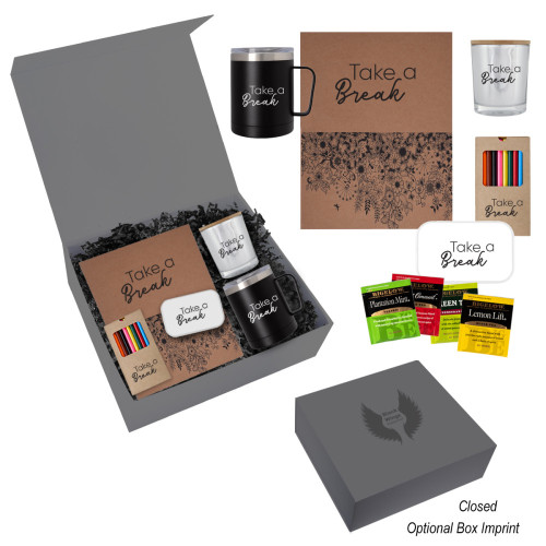 Self Care Tea Gift Set – Custom Logo Mug, Candle, Coloring Book & Tea