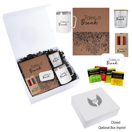 Self Care Tea Gift Set – Custom Logo Mug, Candle, Coloring Book & Tea