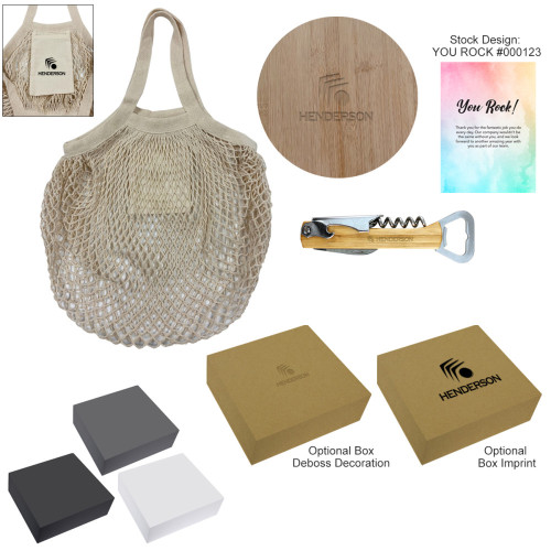 Natural Vibes Gift Set – Engraved Bamboo Board, Waiter's Knife & Cotton Market Tote