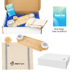 Gourmet Host Gift Set – Engraved Bamboo Serving Tray, Wine Stopper & Logo Tea Towel