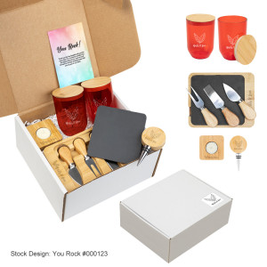 Home Entertaining Gift Set – Custom Logo Wine Tumblers, Cheese Server & Bamboo Accessories