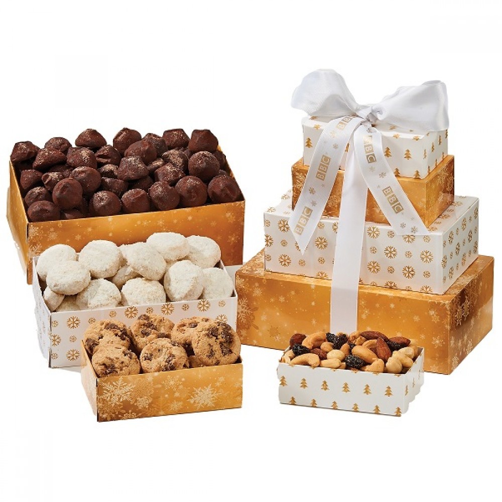 Four Tier Custom Logo Treat Tower — branded gourmet corporate gift