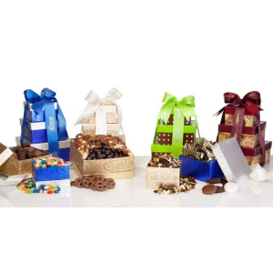 Gourmet Chocolate & Snack Gift Tower – Custom Logo Ribbon, Kosher Available Gourmet Chocolate & Snack Gift Tower – Custom Logo Ribbon, Kosher Available