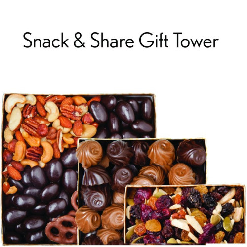Gourmet Chocolate & Snack Gift Tower – Custom Logo Ribbon, Kosher Available