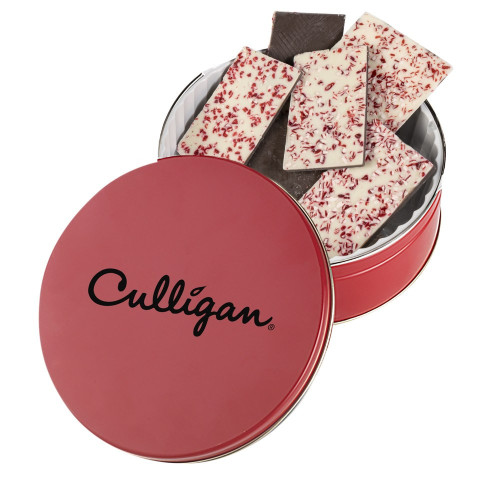 Collector Gift Tin – Large Custom Logo Tin with Peppermint Bark, Toffee or Truffles Collector Gift Tin – Large Custom Logo Tin with Peppermint Bark, Toffee or Truffles