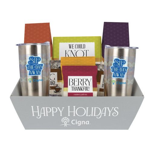 Sip & Savor Gourmet Gift Tray – Custom Logo Mugs or Tumblers with Cocoa & Snacks