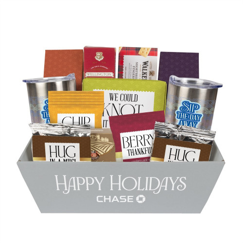 Sip & Savor Gourmet Gift Tray – Custom Logo Mugs or Tumblers with Cocoa & Snacks