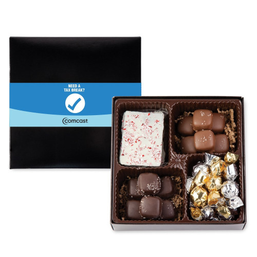 Four Delights Gift Box with Full Color Logo Band – Pretzels, Confections or Holiday Treats
