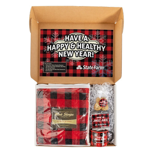 Cozy Winter Wishes Gift Set – Custom Logo Sherpa Blanket, Buffalo Check Mug, Cookies & Cocoa