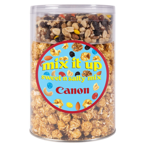 Caramel Popcorn & Chocolate Mix Gift Canister – Custom Logo Label Caramel Popcorn & Chocolate Mix Gift Canister – Custom Logo Label