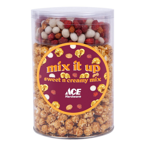 Caramel Popcorn & Chocolate Mix Gift Canister – Custom Logo Label Caramel Popcorn & Chocolate Mix Gift Canister – Custom Logo Label