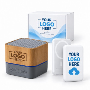 Snap & Play Tech Gift Set – Custom Logo Magnetic Power Bank & Bamboo Speaker