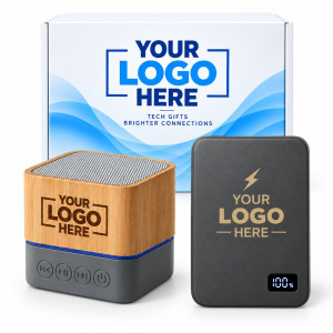 Vibe & Play Tech Gift Set – Custom Logo Slim Magnetic Power Bank & Bamboo Speaker