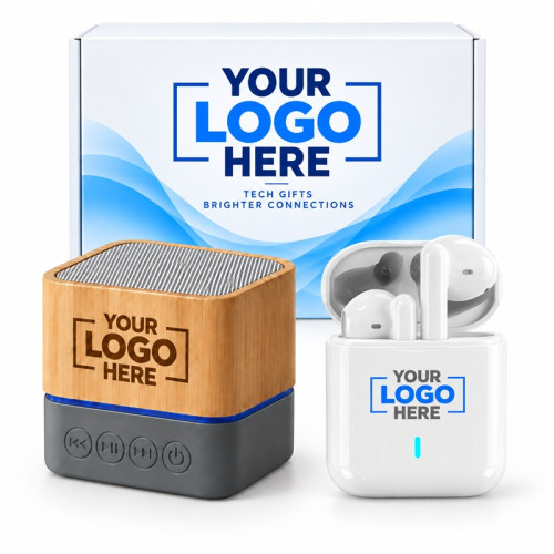 Listen & Play Tech Gift Set – Custom Logo Bamboo Speaker & Wireless Earbuds Listen & Play Tech Gift Set – Custom Logo Bamboo Speaker & Wireless Earbuds